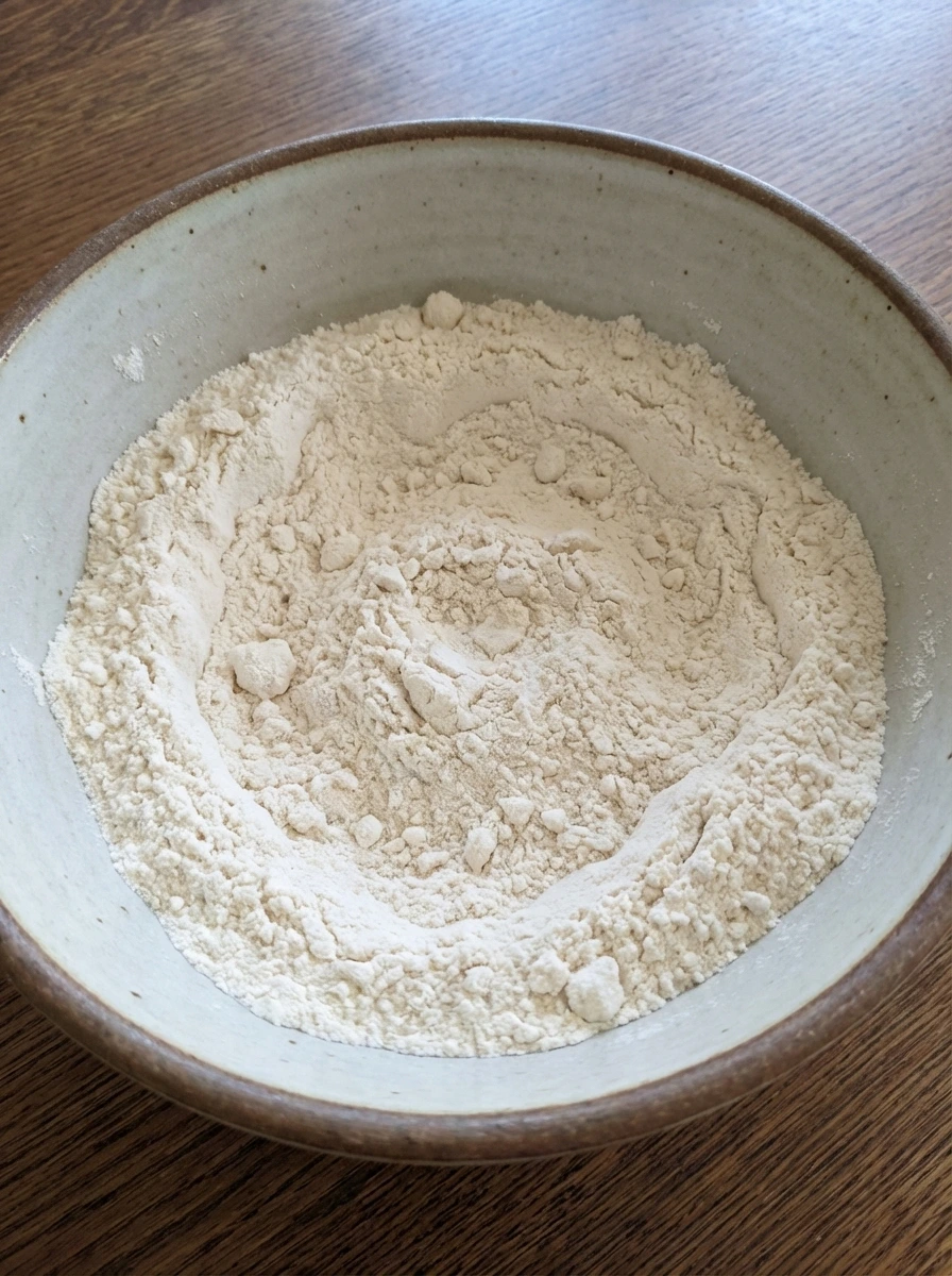Dry ingredients mixed in a bowl for mini lemon cakes