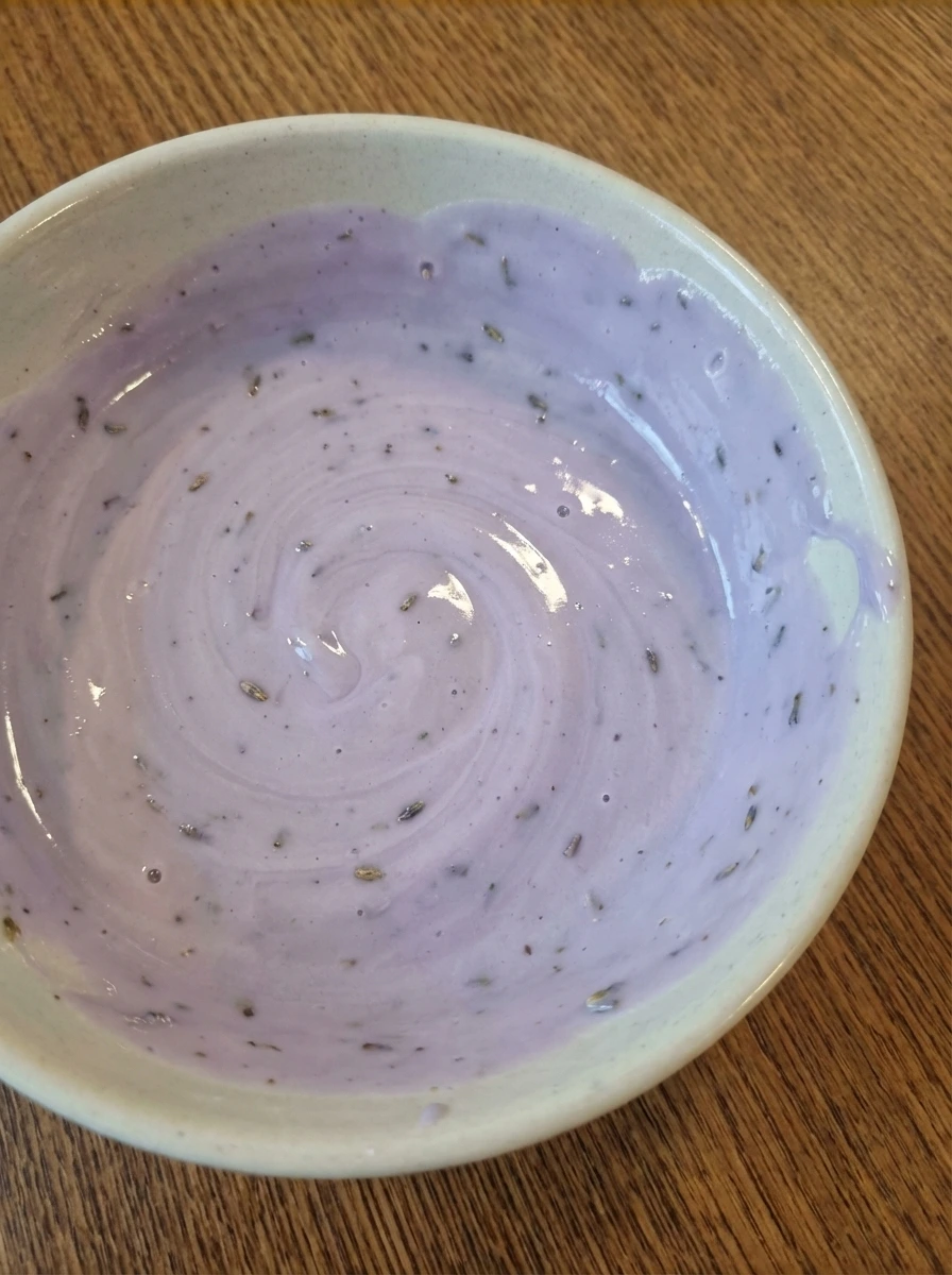 Lavender glaze mixed until smooth and glossy