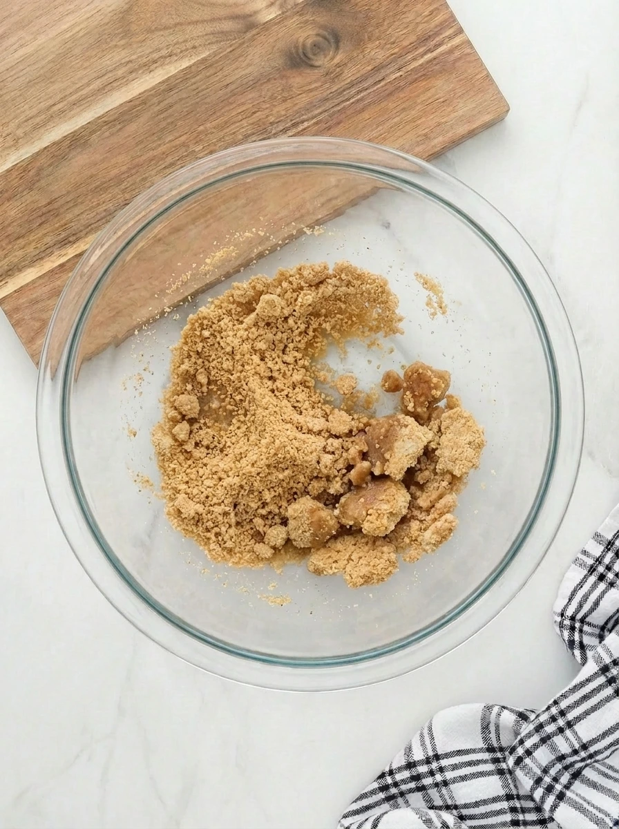 Mixing honey graham cracker crumbs with melted butter