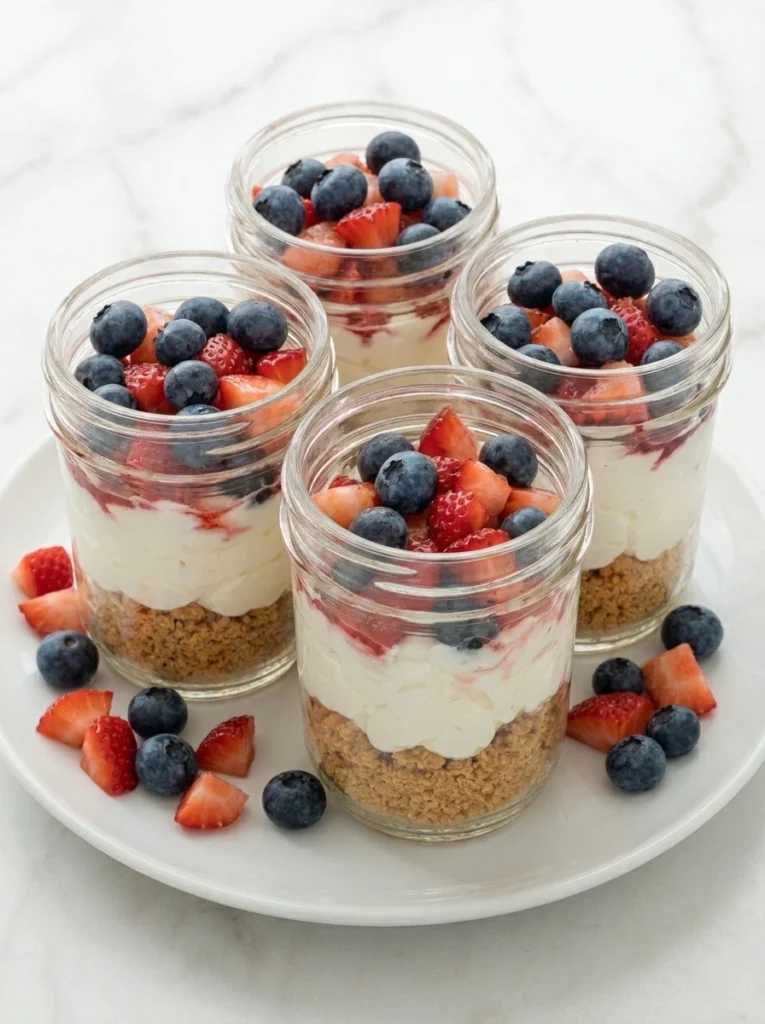 No-Bake Red White and Blue Cheesecake Jars with strawberries and blueberries
