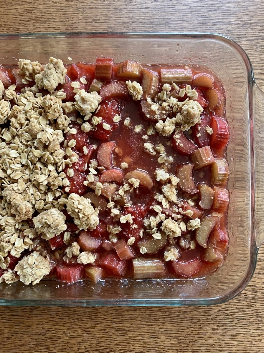 Oat crumble scattered over rhubarb filling