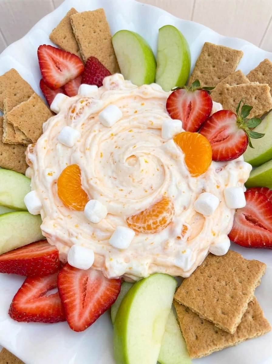 Orange Creamsicle Fruit Dip served in a white bowl with strawberries apples and graham crackers.