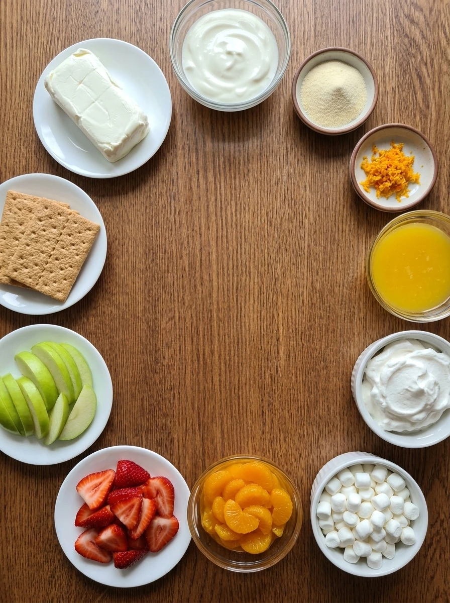 Ingredients for Orange Creamsicle Fruit Dip arranged in separate small containers.
