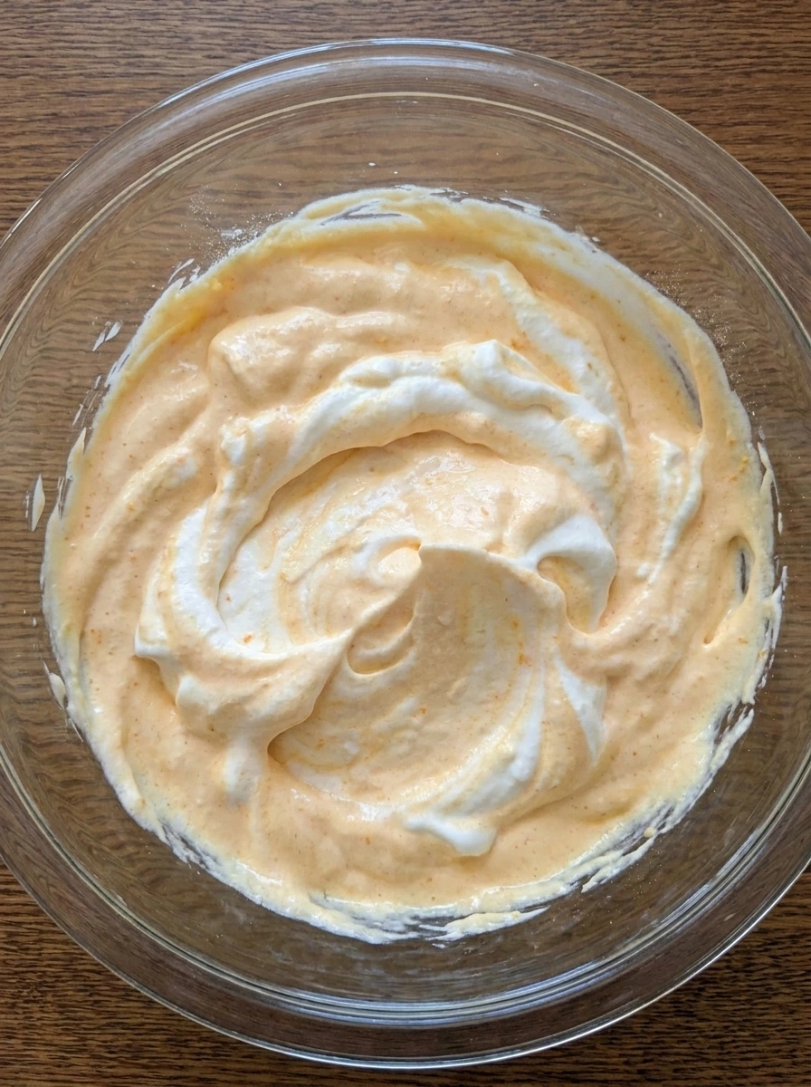 Whipped topping folded into orange dip until fluffy.