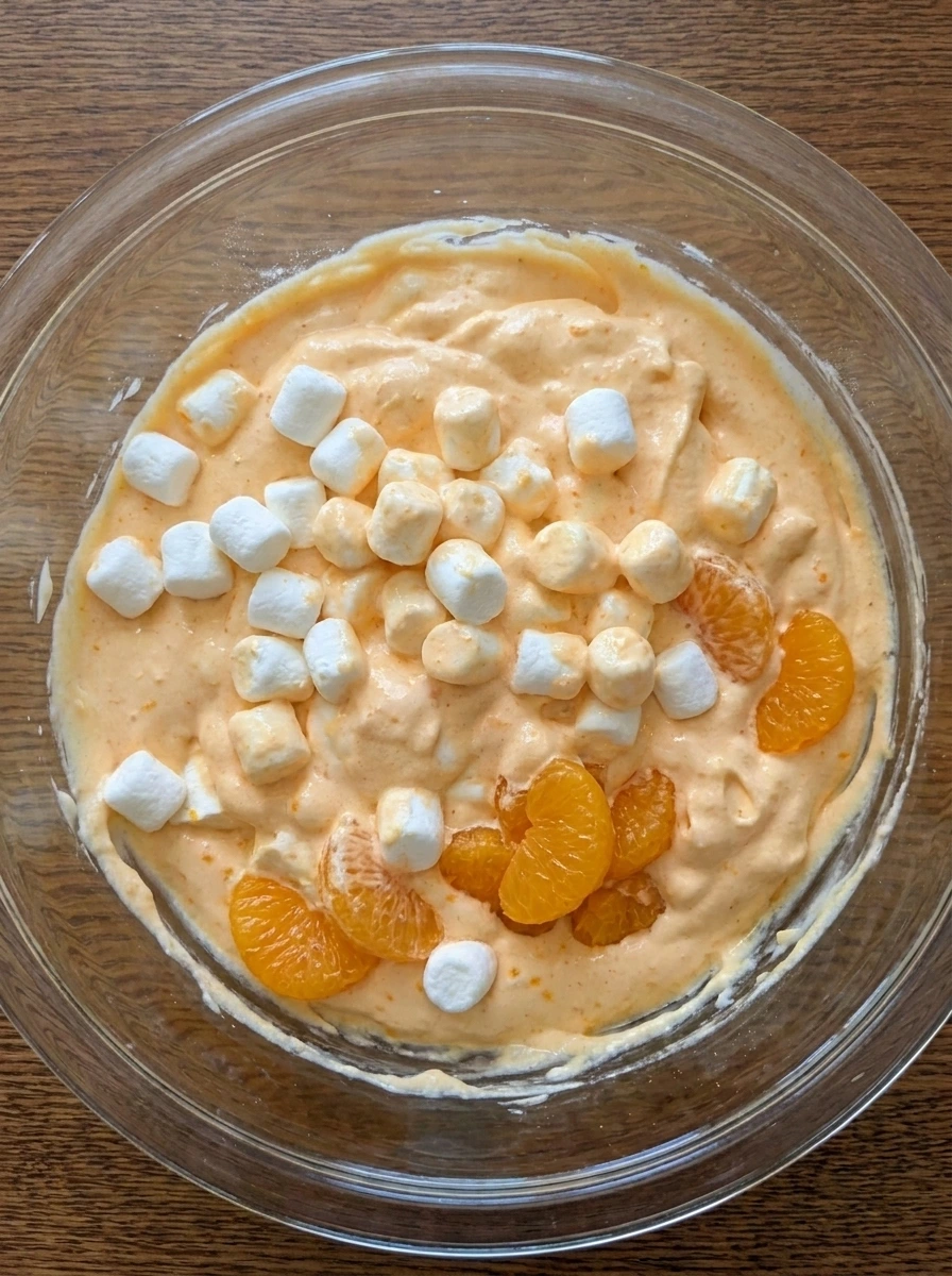 Mini marshmallows and mandarin oranges folded into creamy orange dip.