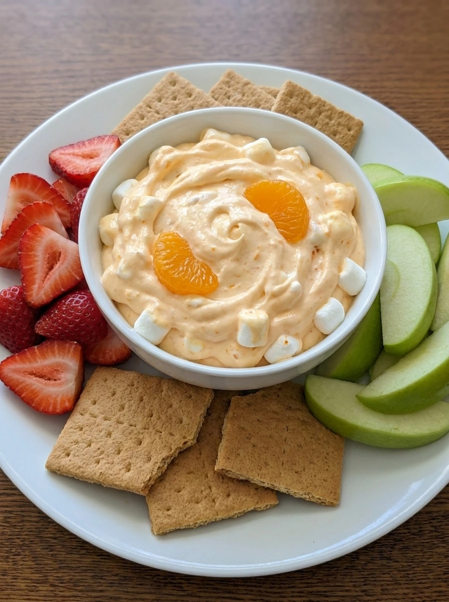 Finished Orange Creamsicle Fruit Dip served with fruit and graham crackers.