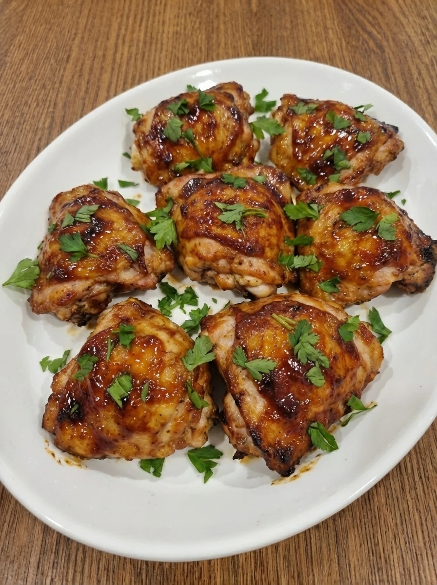 Oven Baked BBQ Chicken on a white oval stoneware plate with sticky glaze and browned edges