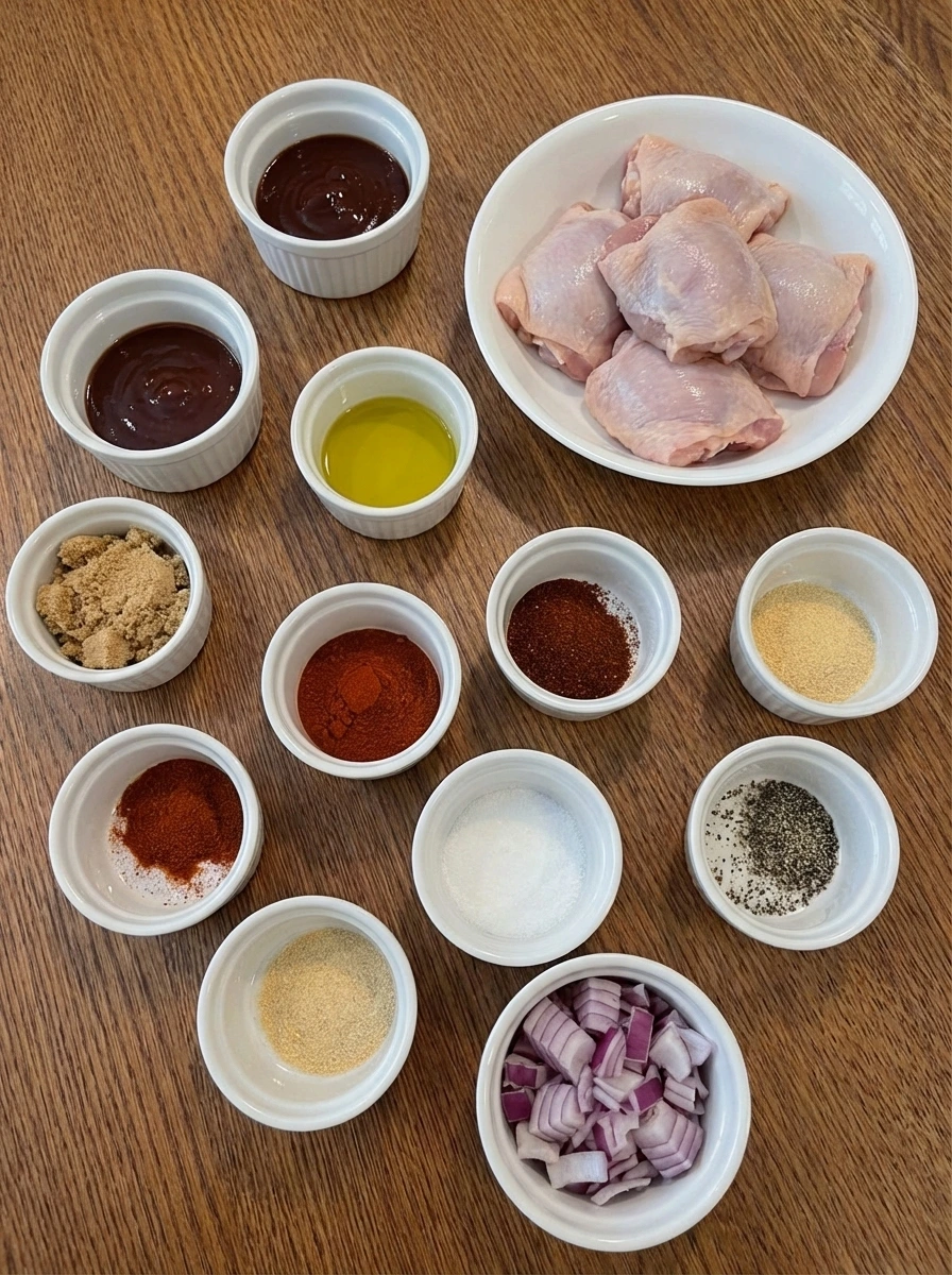 Raw ingredients for Oven Baked BBQ Chicken in separate white containers