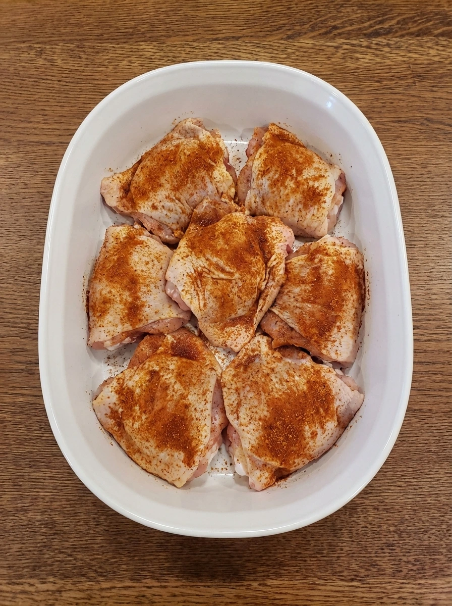 Seasoned chicken thighs in a white baking dish before baking