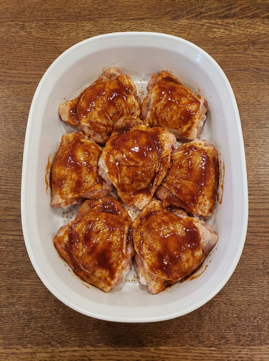 Chicken coated with barbecue glaze in a white baking dish