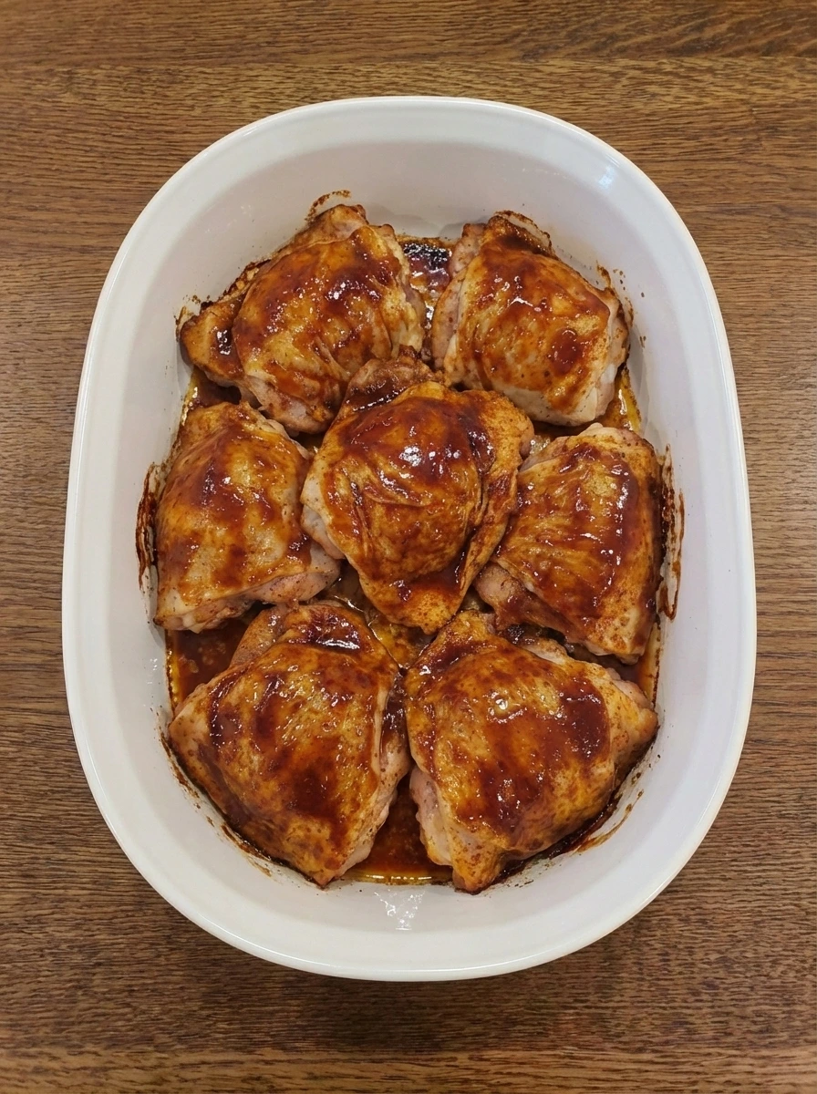 Partially baked BBQ chicken with darkening glaze in a white dish