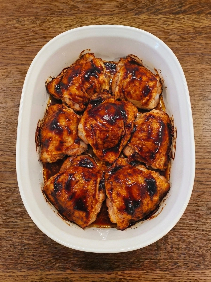 BBQ chicken with a second sticky glaze layer in a white dish