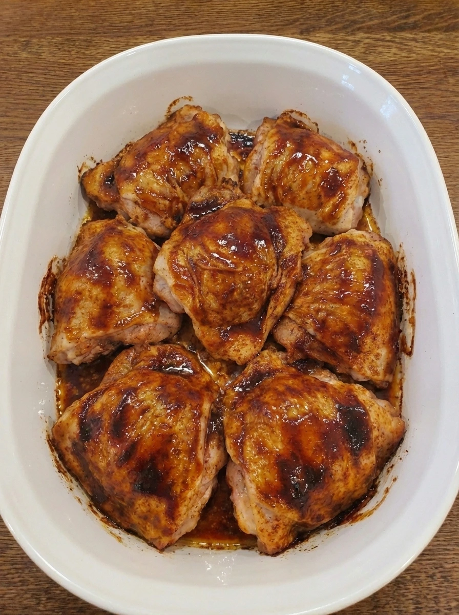 Fully cooked BBQ chicken with browned sticky edges in a white dish