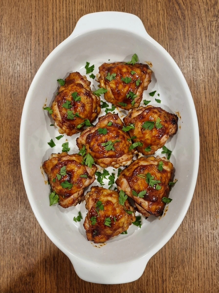 Plated Oven Baked BBQ Chicken on a white serving dish with parsley
