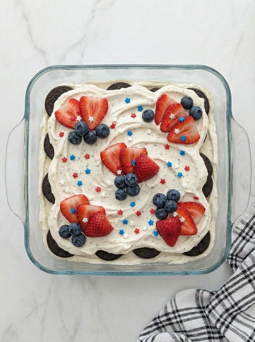 Patriotic Oreo Icebox Cake with strawberries blueberries and whipped cream.