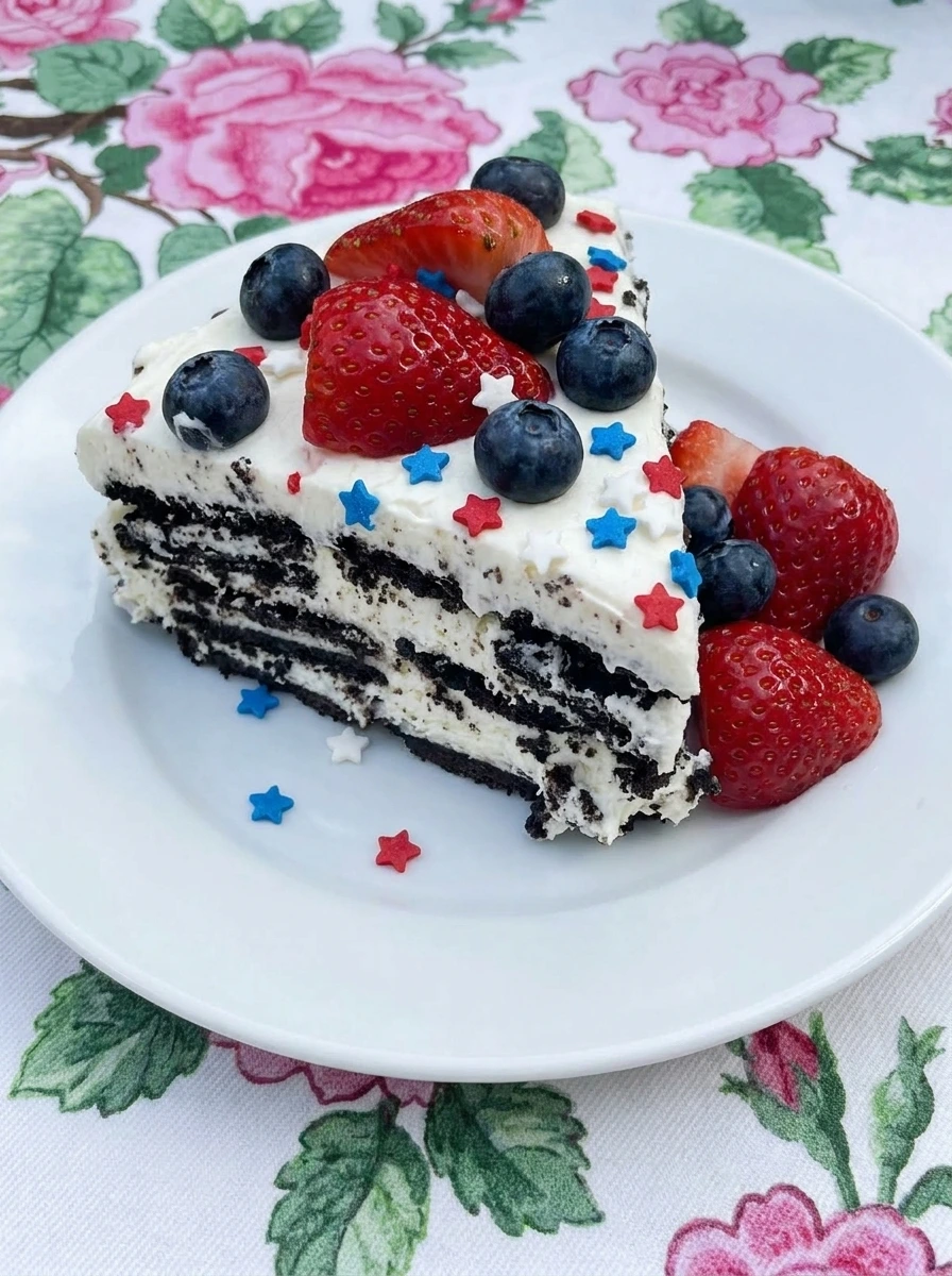 Slice of Patriotic Oreo Icebox Cake.