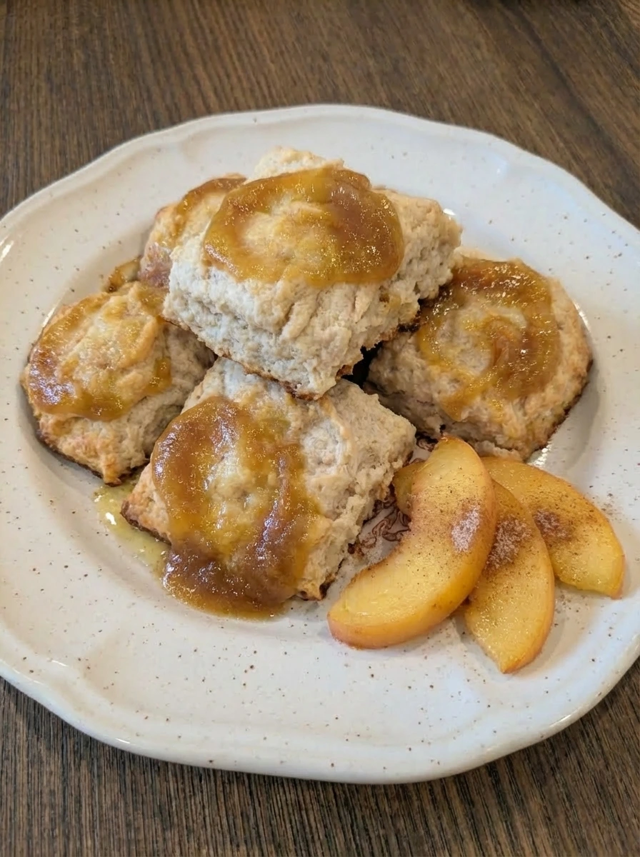 Peach Butter Swim Biscuits plated with golden edges and glossy peach swirls