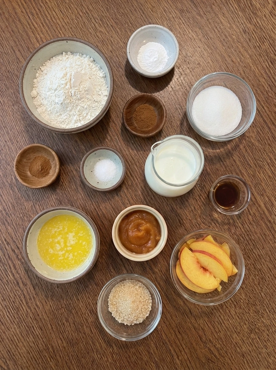 Ingredients for Peach Butter Swim Biscuits in separate small containers