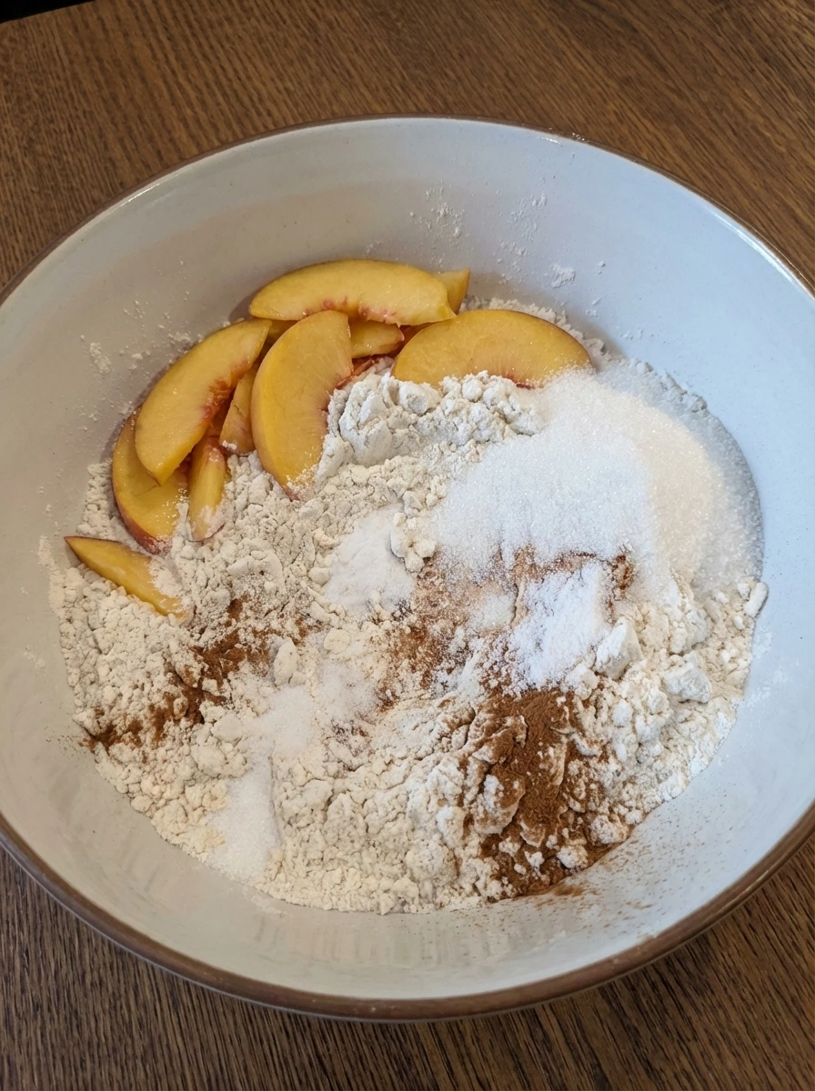 Dry ingredients measured for Peach Butter Swim Biscuits with sliced peach ready