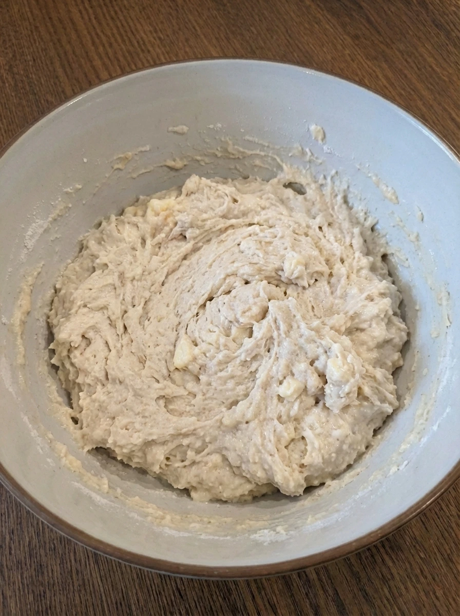 Shaggy biscuit dough mixed for Peach Butter Swim Biscuits