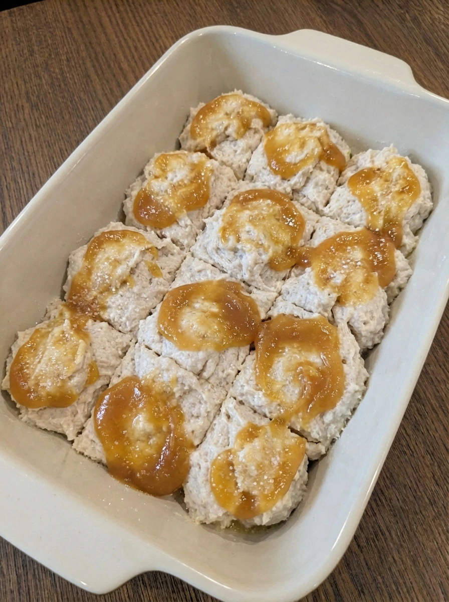 Peach butter swirled over biscuit dough before baking