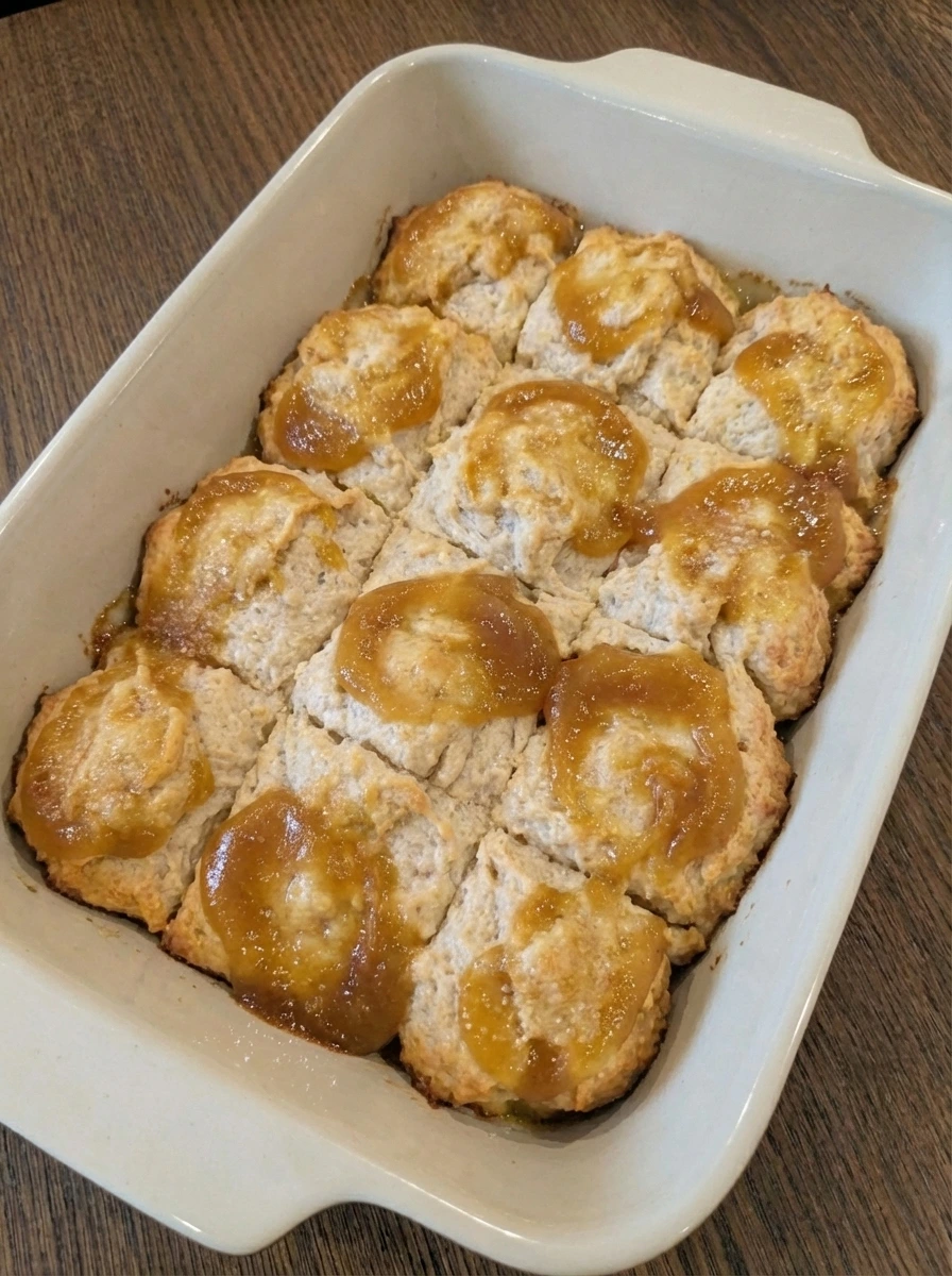 Peach Butter Swim Biscuits baked until golden in the dish