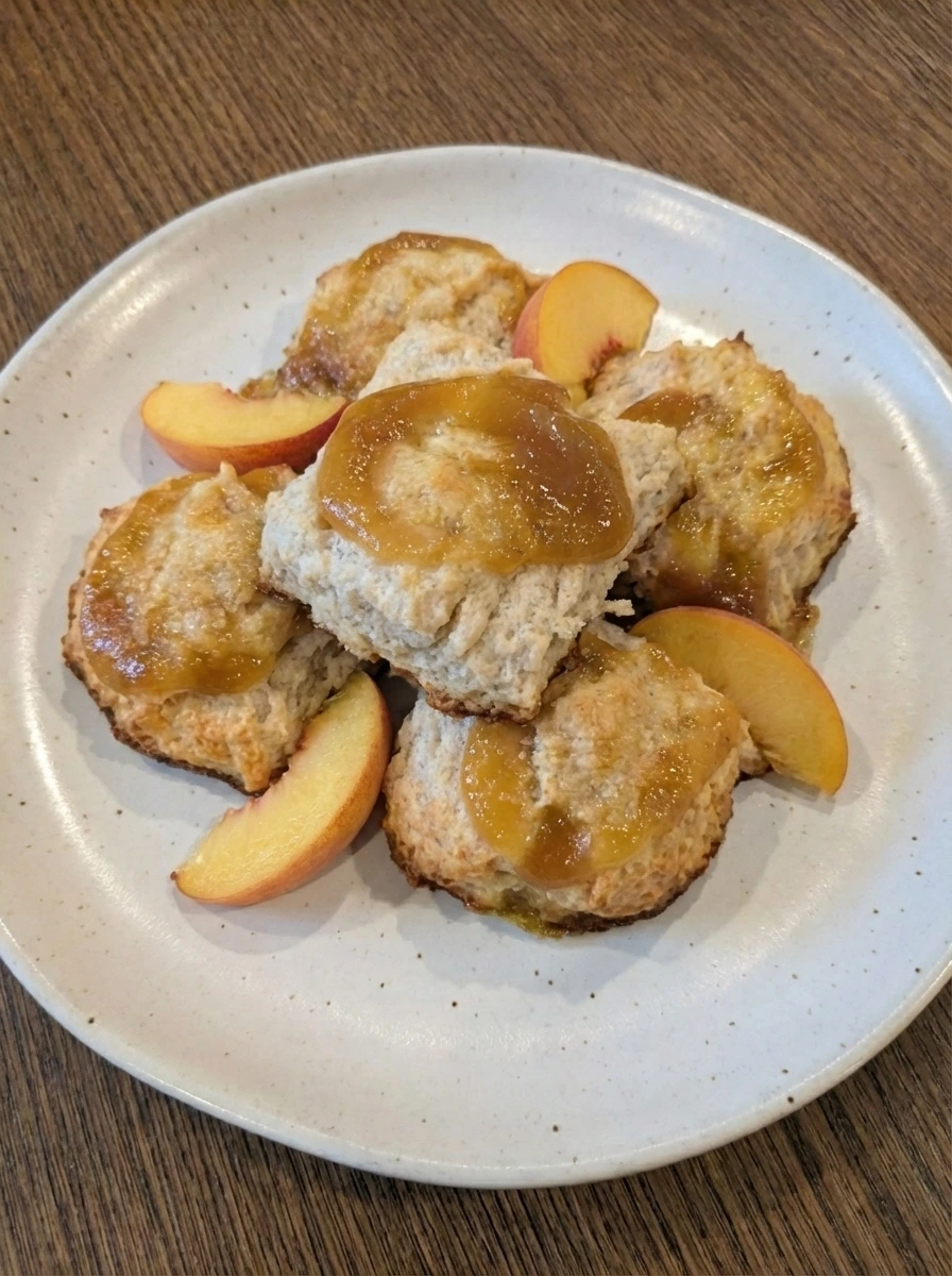 Plated Peach Butter Swim Biscuits with peach garnish ready to serve