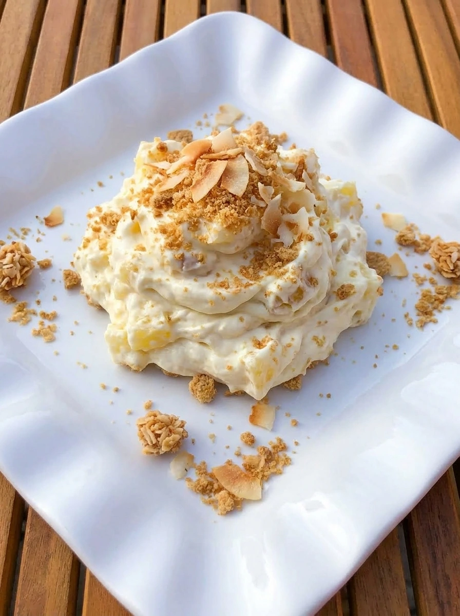 Pineapple Cheesecake Dip with toasted graham crumb and coconut topping on a white plate.