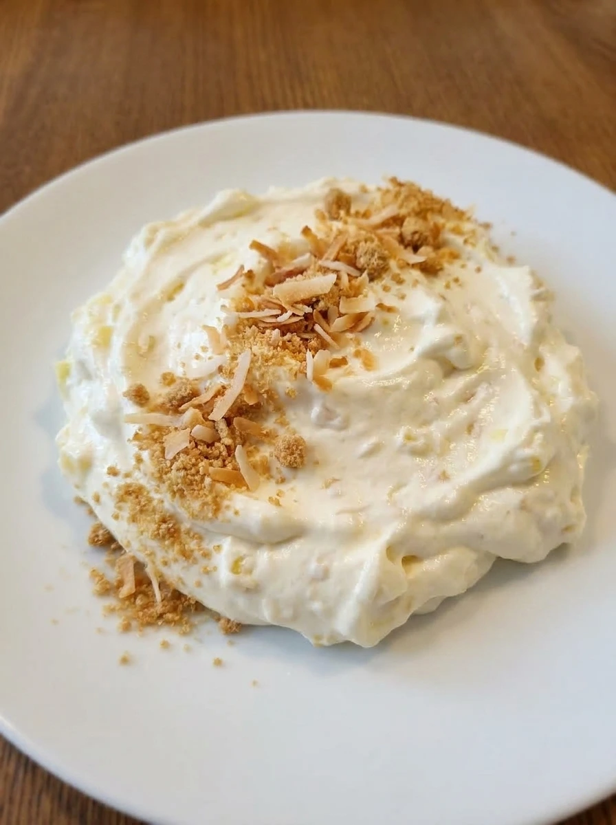 Finished Pineapple Cheesecake Dip plated with toasted graham crumb and coconut topping.
