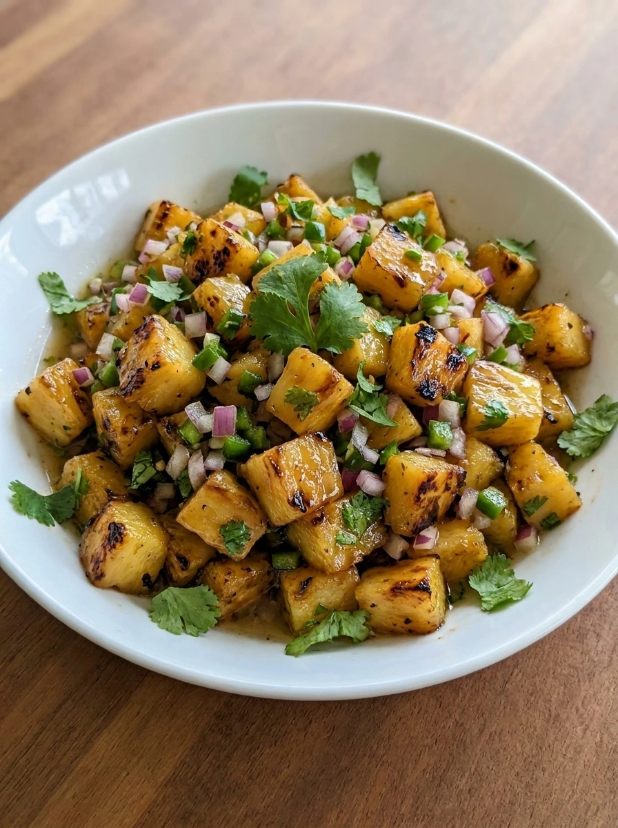 Pineapple Salsa in a white bowl with charred pineapple red onion jalapeno and cilantro.