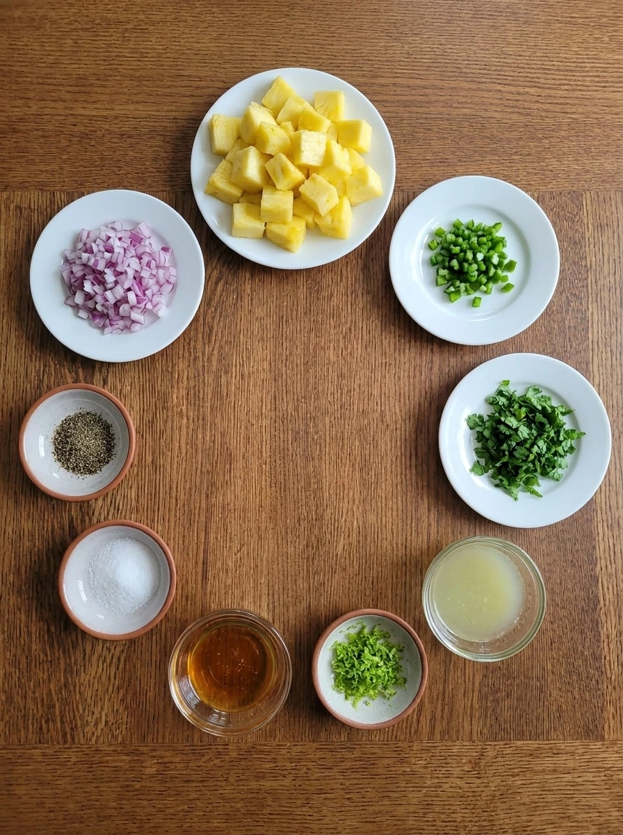 Ingredients for Pineapple Salsa arranged in separate small containers.
