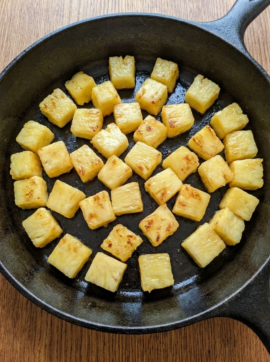 Pineapple chunks lightly charred with browned edges for Pineapple Salsa.