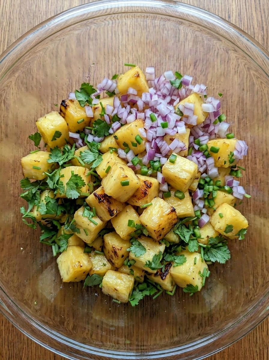 Charred pineapple combined with onion jalapeno and cilantro in a bowl.