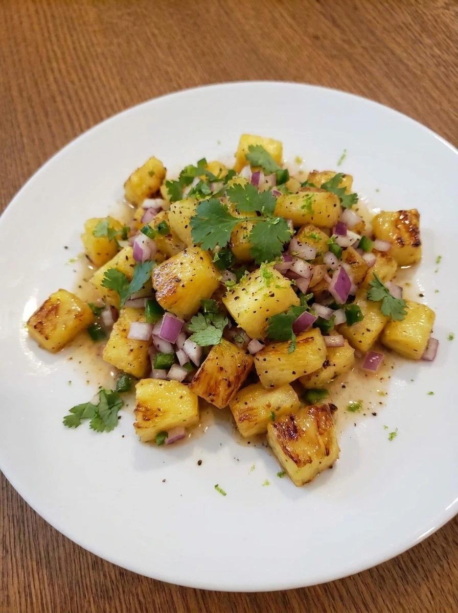 Finished Pineapple Salsa served with charred pineapple and fresh herbs.