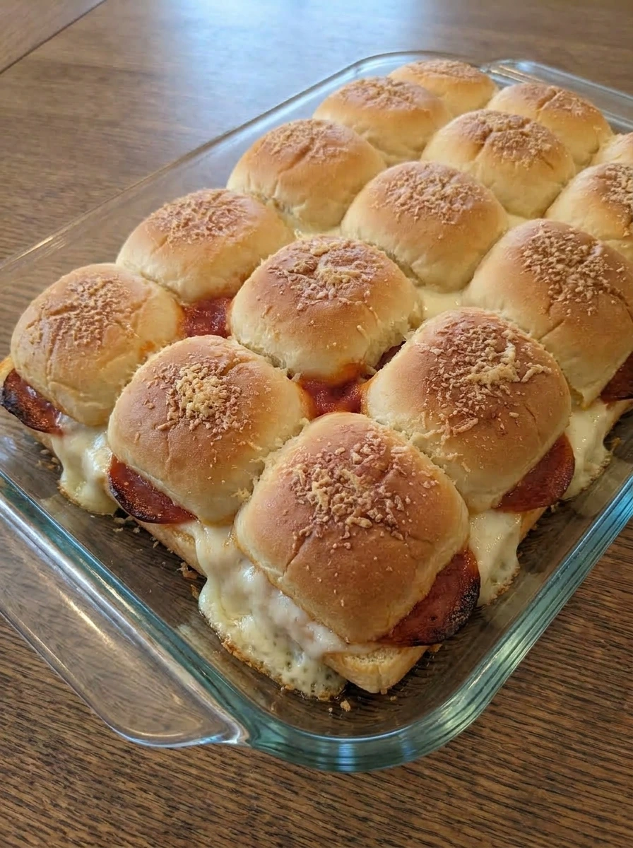 Baked Pizza Sliders with browned tops and melted mozzarella