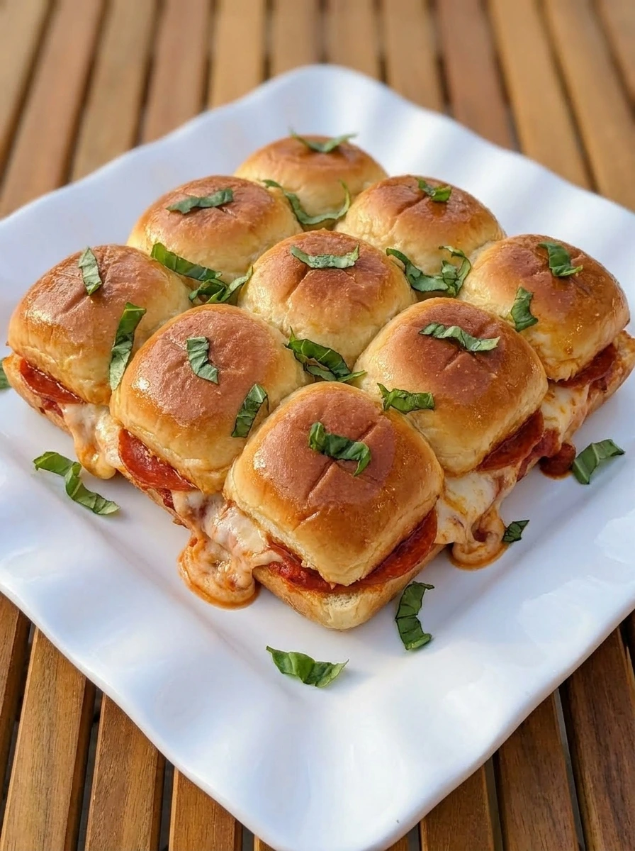 Pizza Sliders with browned rolls and melted mozzarella and pepperoni