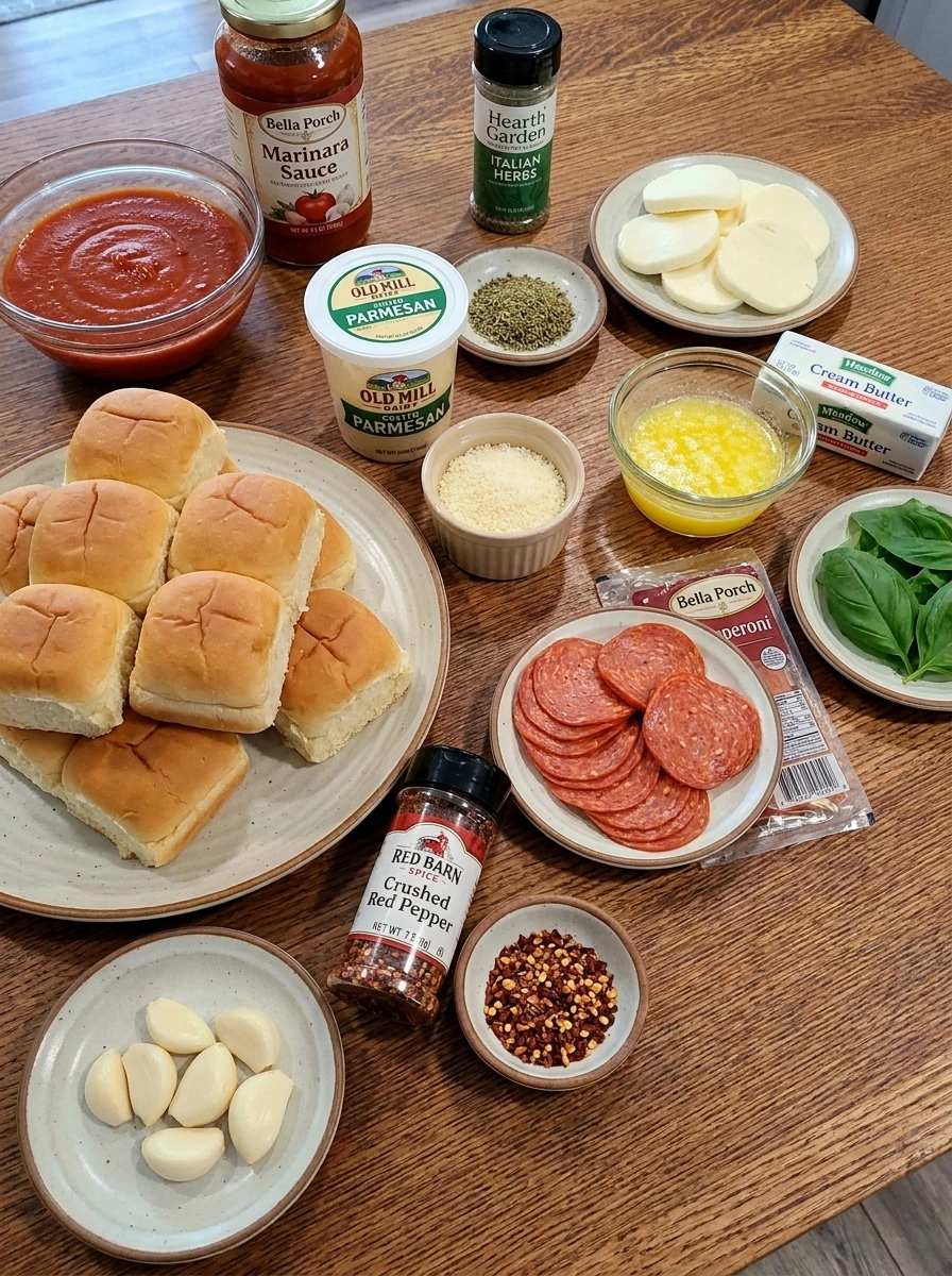 Pizza Sliders ingredients with rolls mozzarella pepperoni marinara and basil