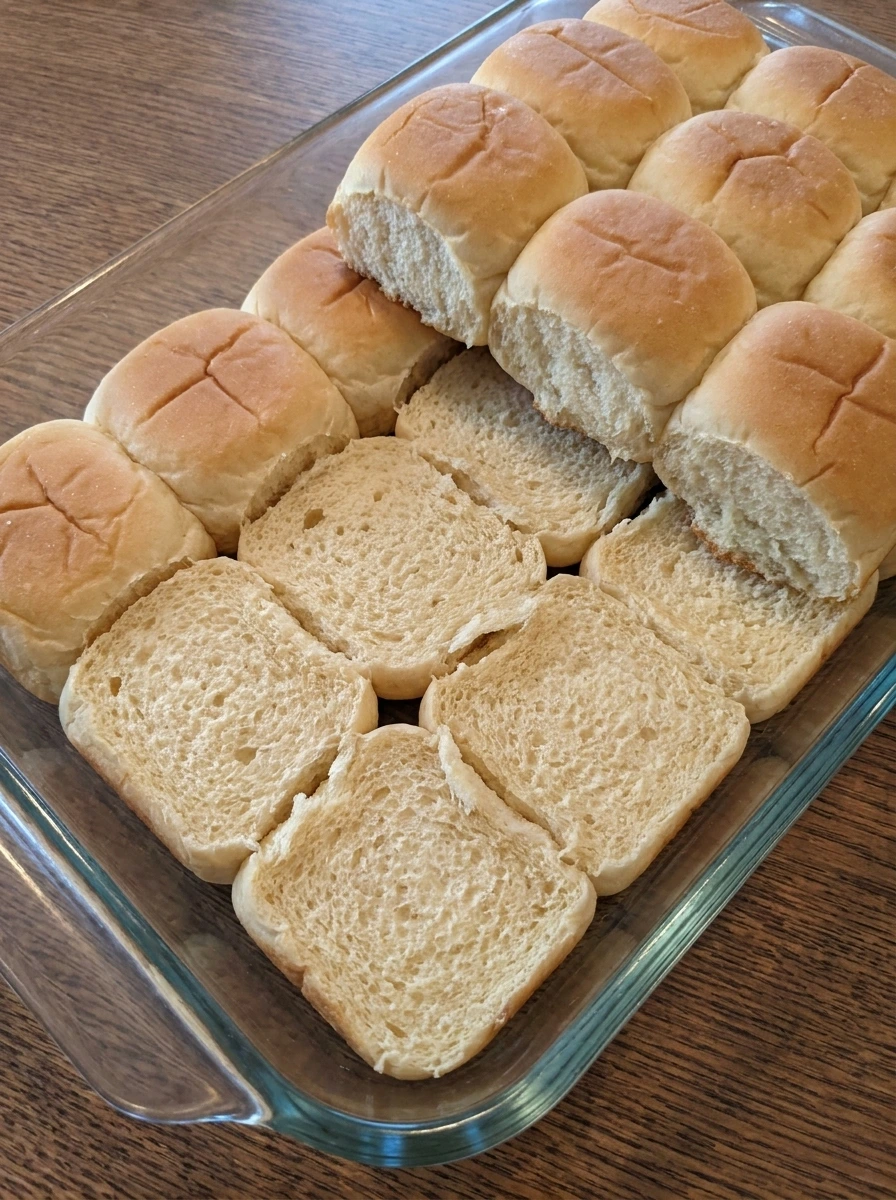 Hawaiian sweet slider rolls sliced into connected layers