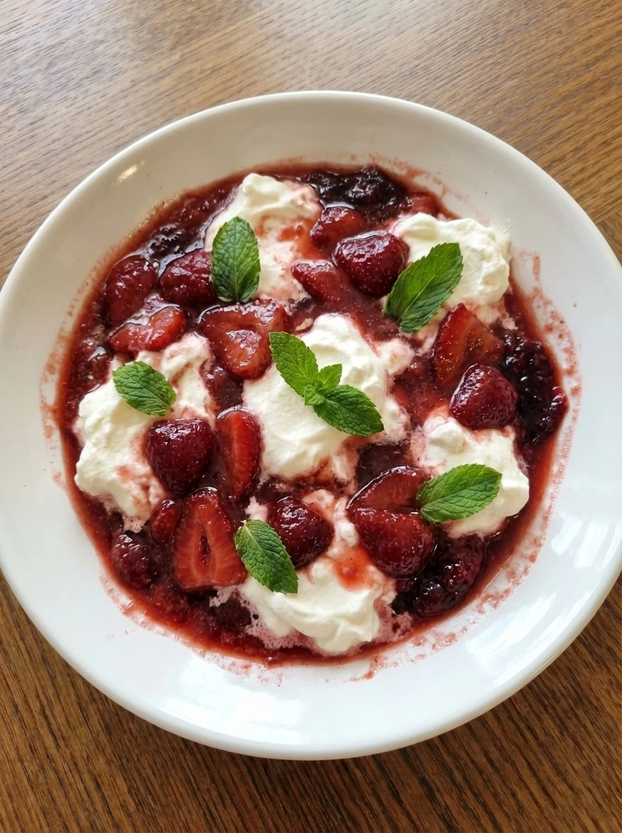 Finished Crustless Fresh Strawberry Pie on a natural white dish with whipped cream