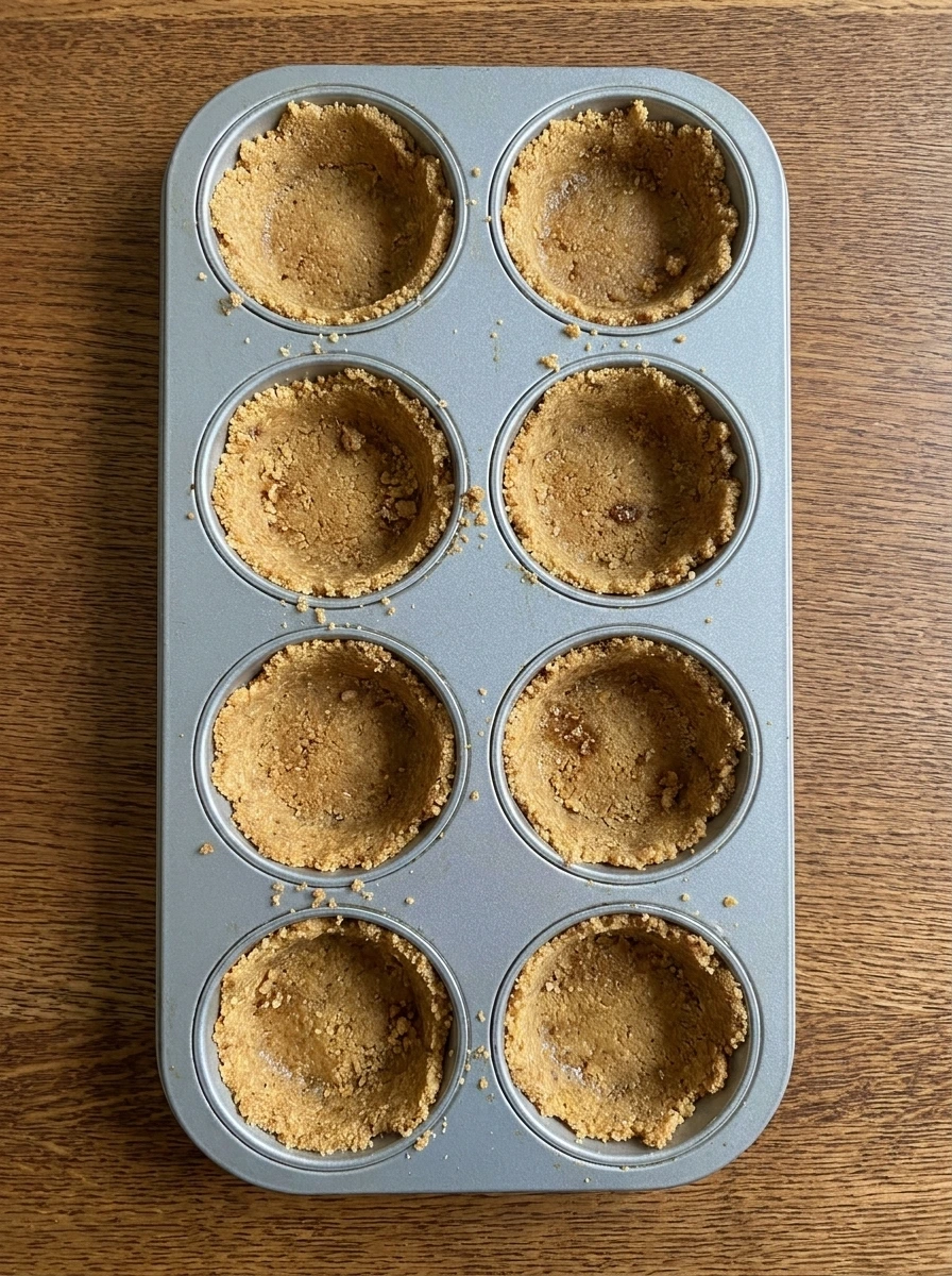 Graham cracker crust pressed into muffin tin cups for mini cheesecakes