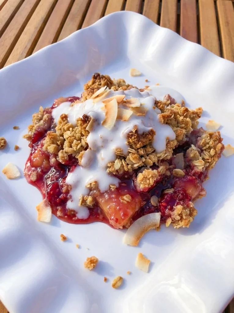 Raspberry Colada baked dessert served warm on a white plate with golden coconut topping and coconut cream drizzle