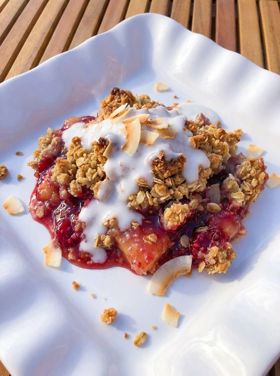 Raspberry Colada baked dessert served warm on a white plate with golden coconut topping and coconut cream drizzle