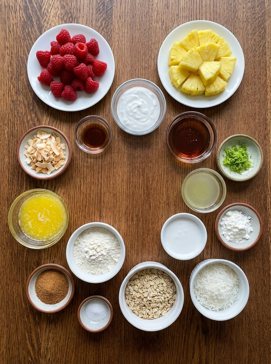 Measured ingredients for Raspberry Colada in separate small bowls and plates