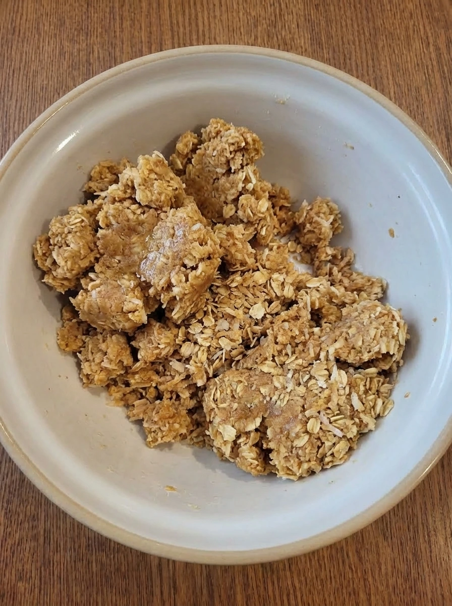 Buttery coconut oat crumble mixed into uneven clumps