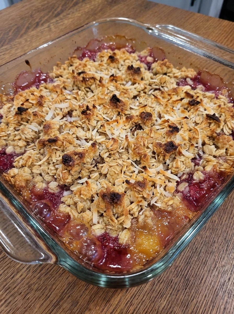 Baked Raspberry Colada with bubbling fruit and golden coconut topping