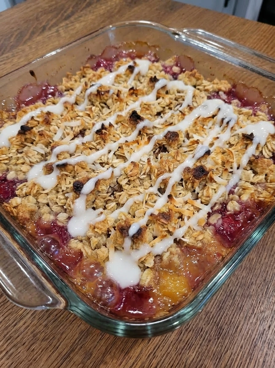 Coconut cream drizzled over warm baked Raspberry Colada