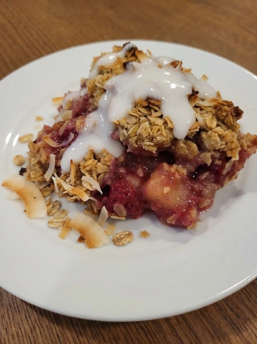 Plated serving of Raspberry Colada with jammy fruit center and toasted coconut