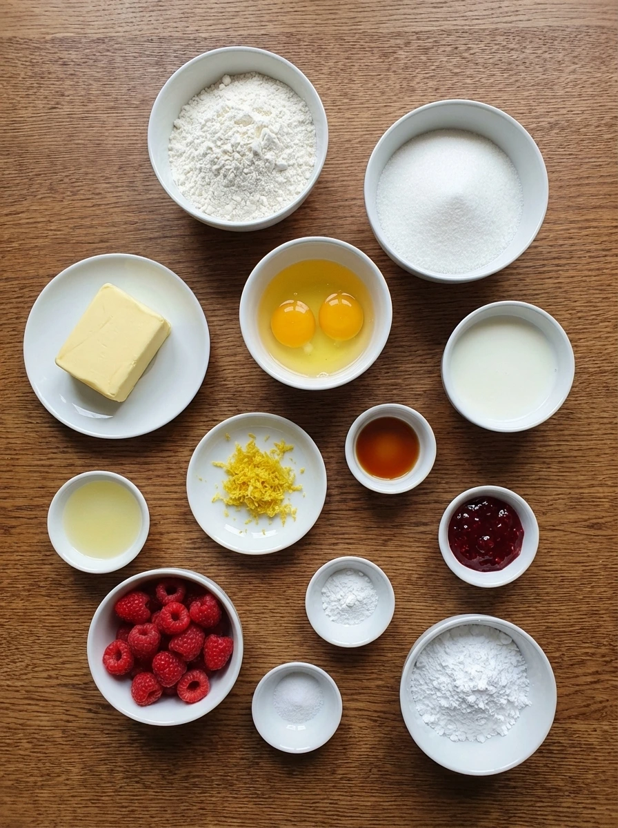 Ingredients for Raspberry Lemon Heaven Cupcakes in separate small white containers