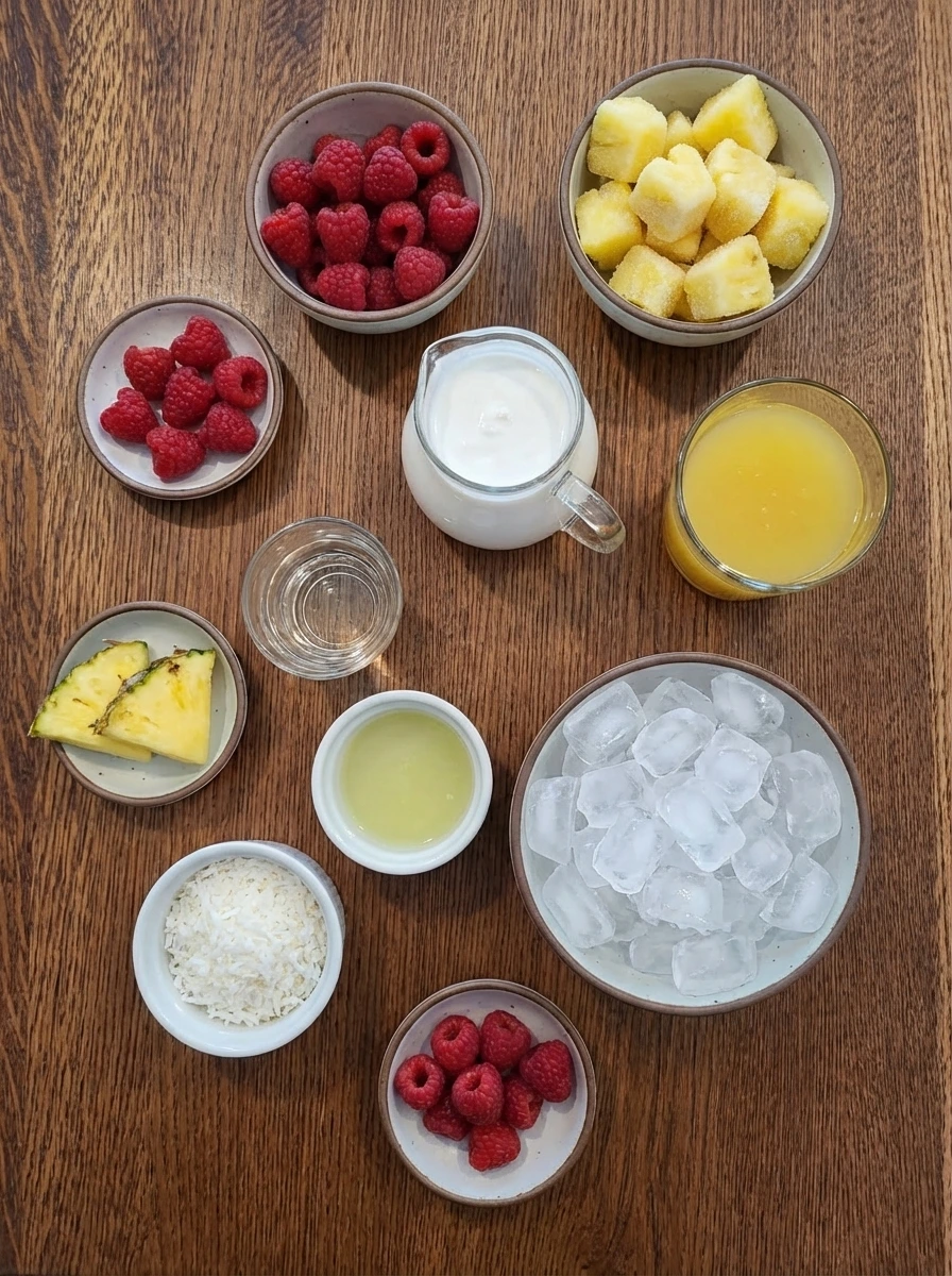 Ingredients for Raspberry Pina Colada Cocktail in separate small containers