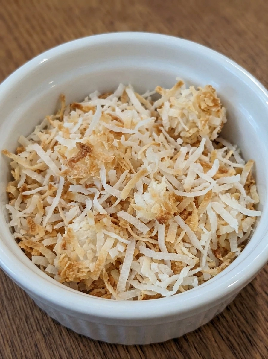 Shredded coconut lightly toasted with uneven golden color